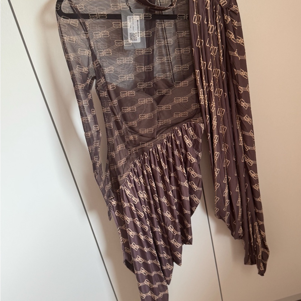 Balenciaga Asymmetrical Sheer Dress in Brown and Cream